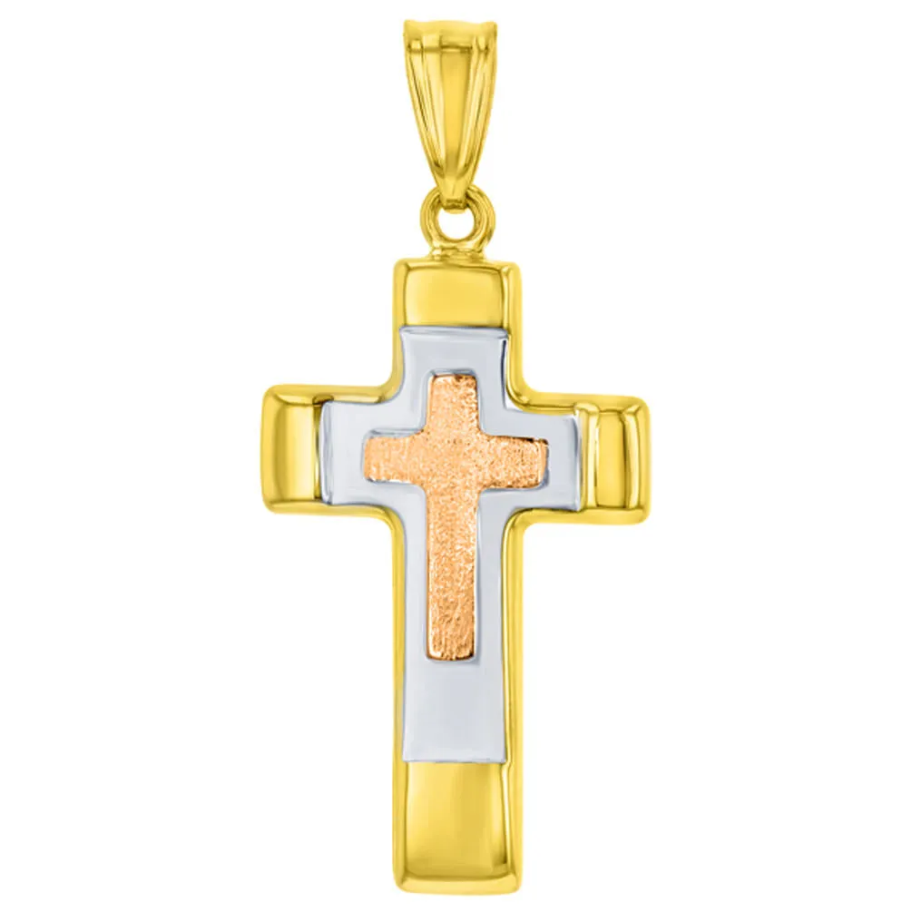 14K Rose & Yellow Gold Tricolor Religious Cross Charm Pendant with Figaro Chain Necklace