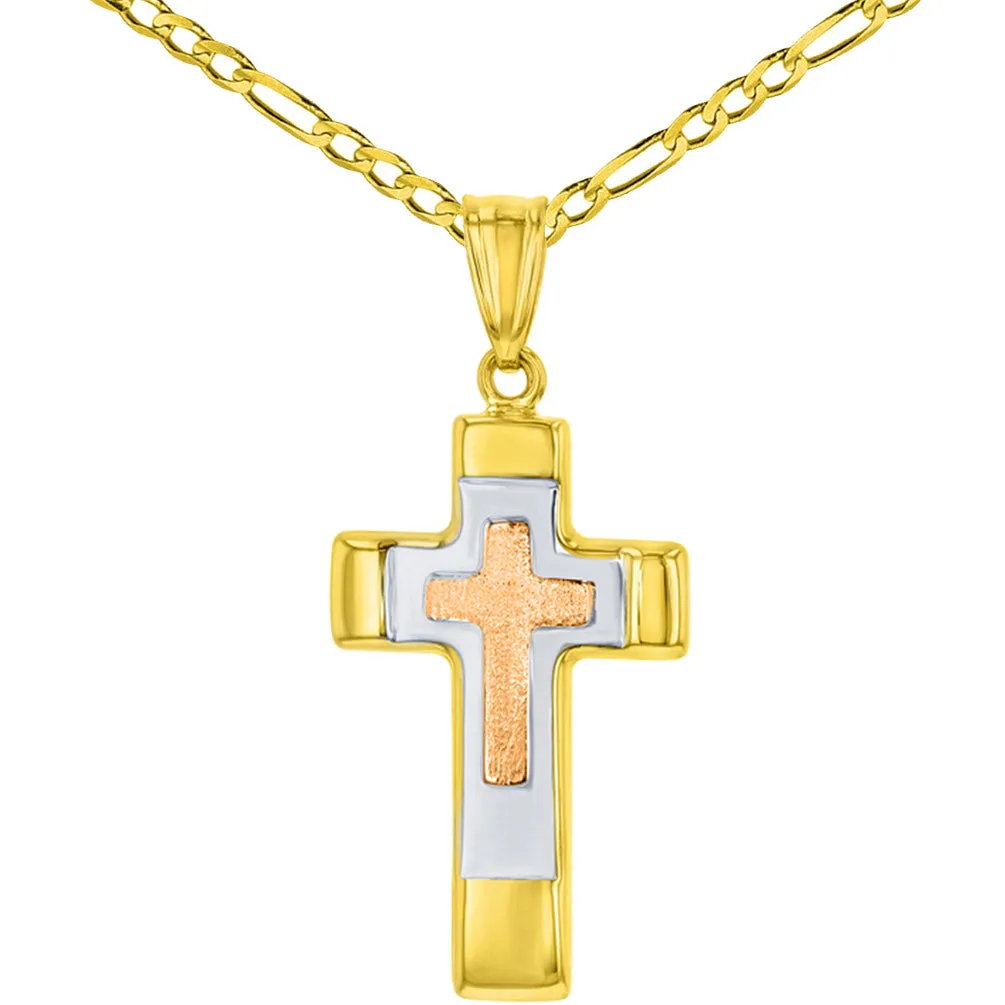 14K Rose & Yellow Gold Tricolor Religious Cross Charm Pendant with Figaro Chain Necklace