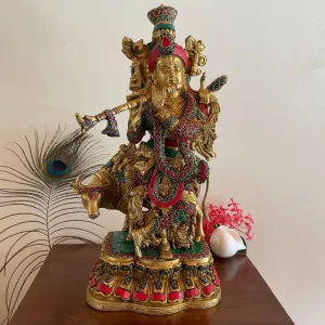 17 Inches Lord Krishna Cow idol, Brass Stonework Statue For Home