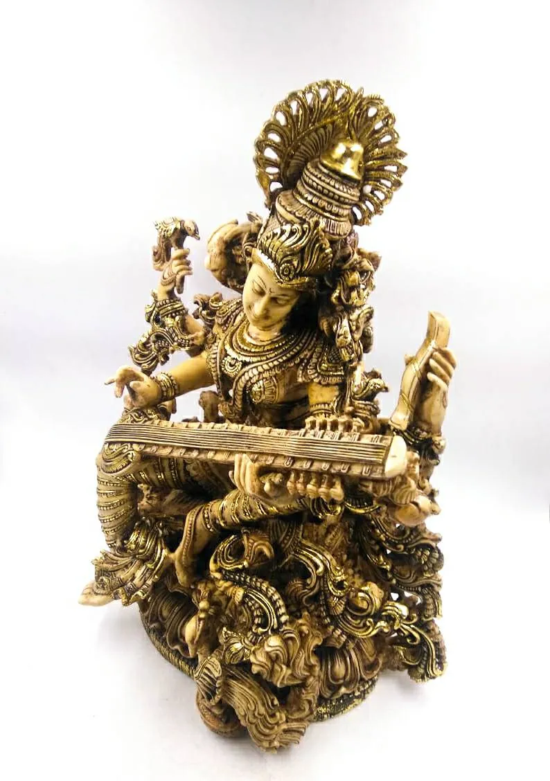 18" SARASWATI SITTING VEENA PAINTING ANTIQUE