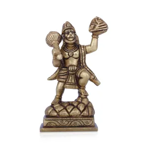 Anjaneya Statue With Sanjeevani - 4 x 3 Inches | Antique Brass Idol/ Standing Hanuman Statue for Pooja/ 530 Gms