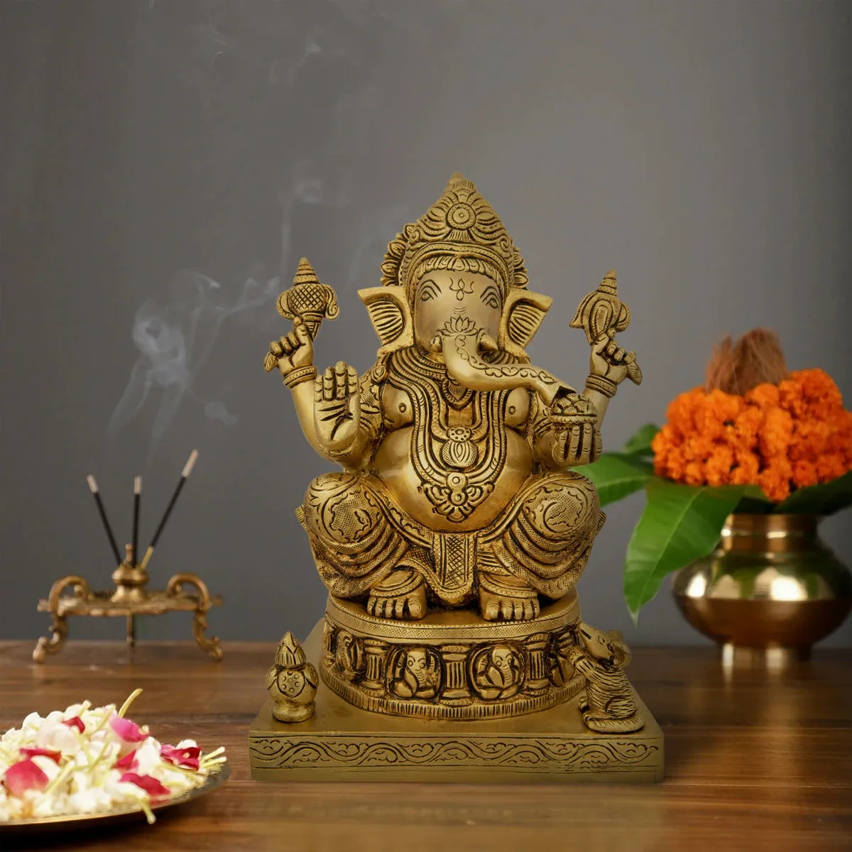 Ashtavinayak Ganesh Murti - 9 x 6 Inches | Antique Brass Idol/ Ganpati Idol/ Vinayaka Statue for Pooja/ 4.740 Kgs