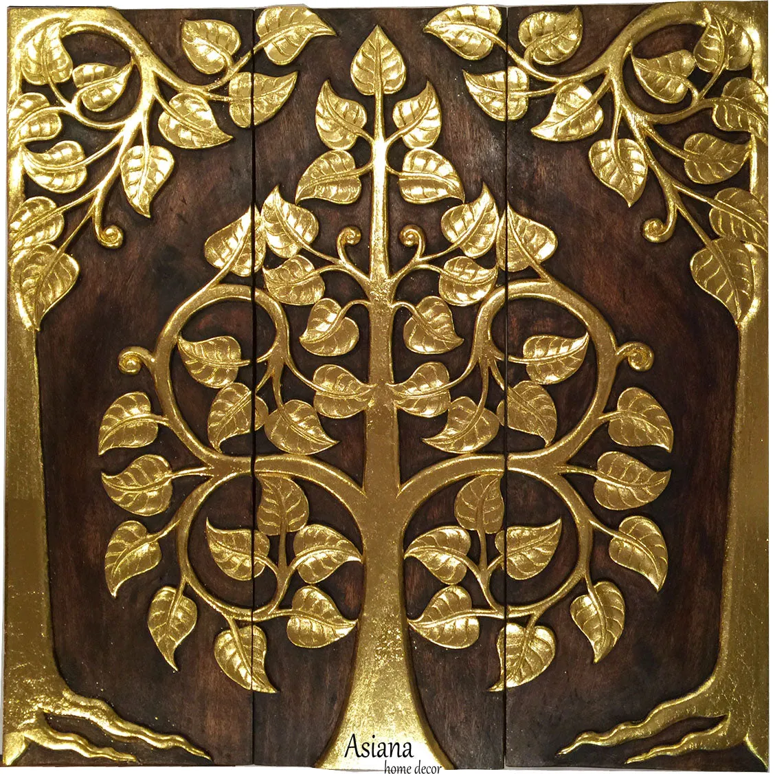 Asian Wood Sacred Fig Tree Relief Wall Art Panels. Elegant Gold leaf Wood Carved Wall Plaque. Dark Brown and Gold. Size Options Available.