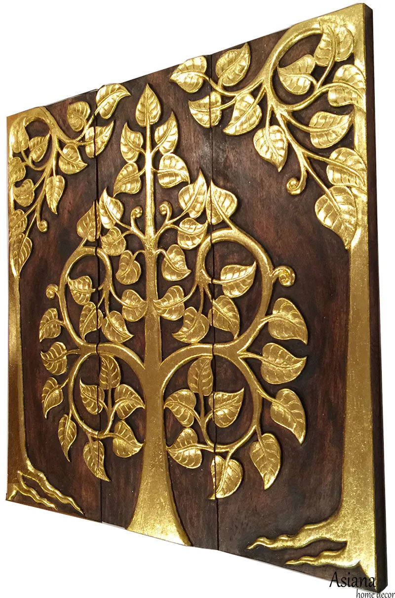 Asian Wood Sacred Fig Tree Relief Wall Art Panels. Elegant Gold leaf Wood Carved Wall Plaque. Dark Brown and Gold. Size Options Available.