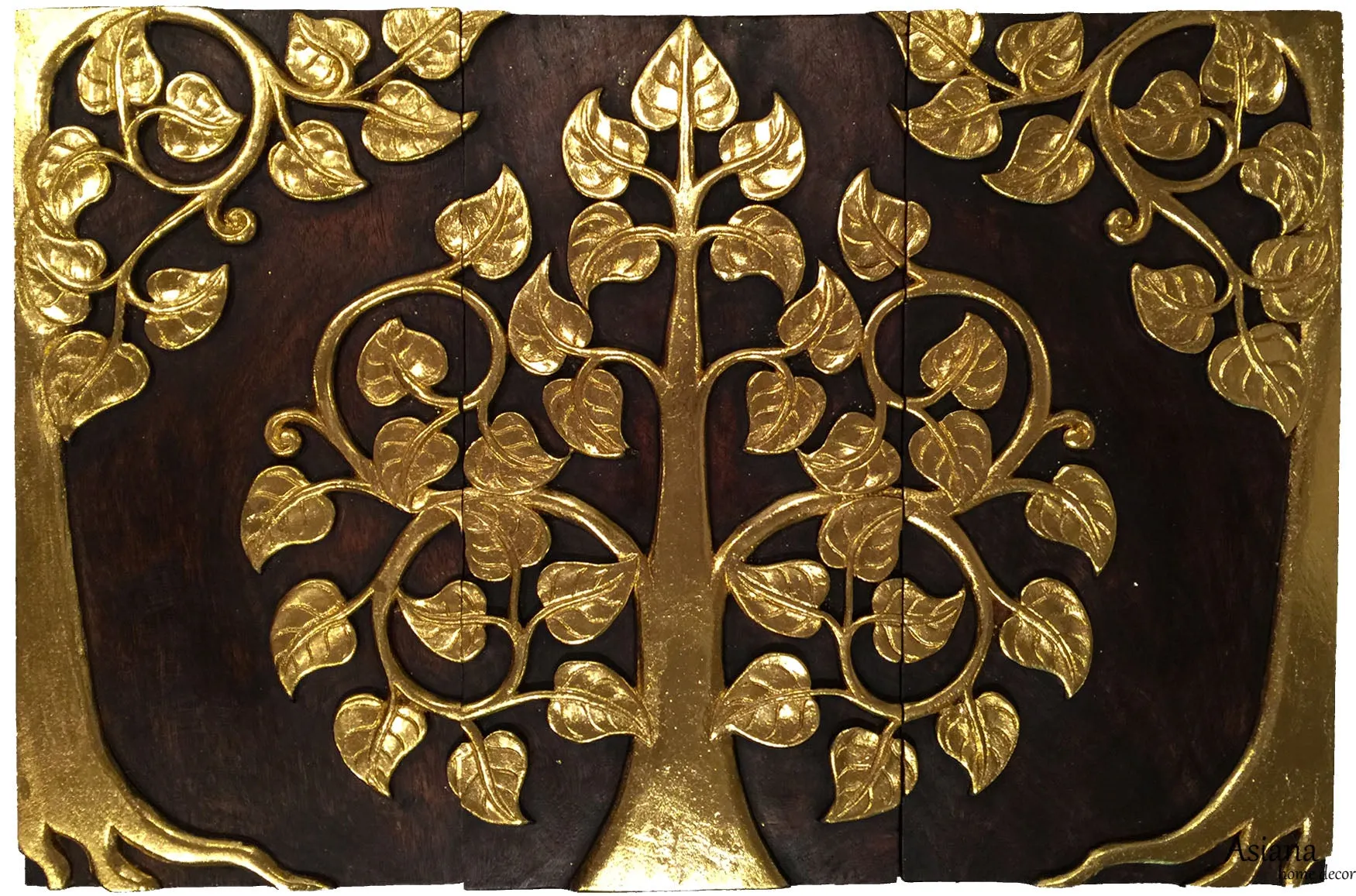 Asian Wood Sacred Fig Tree Relief Wall Art Panels. Elegant Gold leaf Wood Carved Wall Plaque. Dark Brown and Gold. Size Options Available.