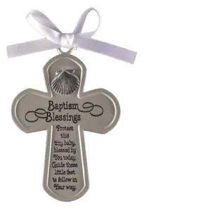 Baptism Blessings Crib Cross with Shell & White Ribbon