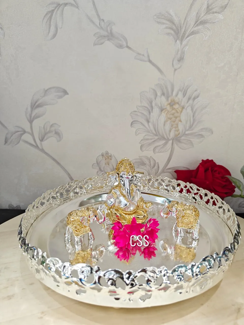 Beautiful Silver Plated Ganesha Idol with Pair of 2 elephant and Flowers in a Silver Tray -CZY001GE