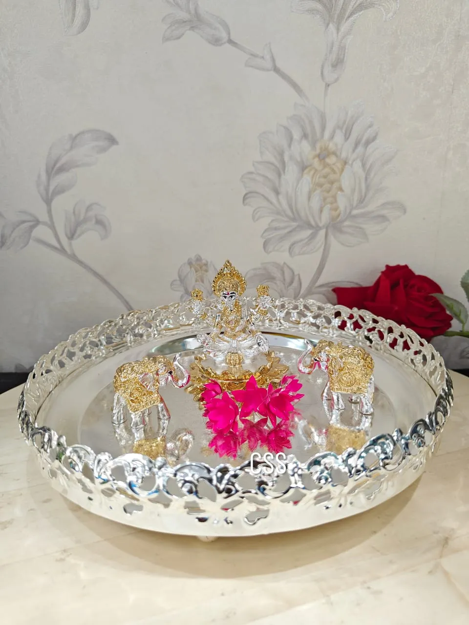 Beautiful Silver Plated Ganesha Idol with Pair of 2 elephant and Flowers in a Silver Tray -CZY001GE