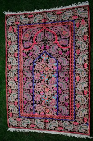 Black Colour With Multi Colour Thread Kashmiri Aari Work Prayer Rug