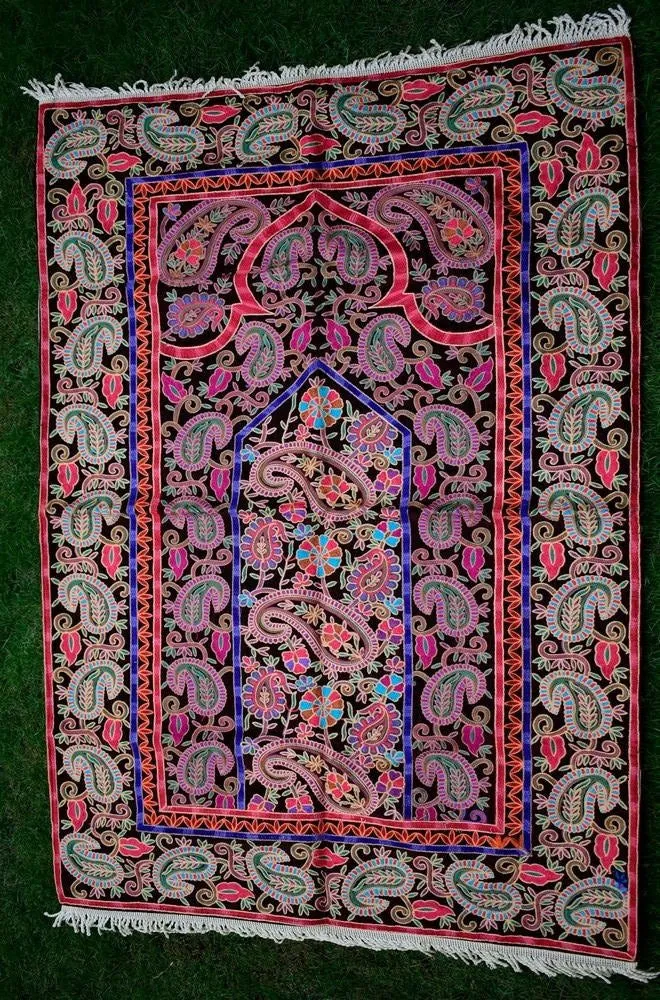 Black Colour With Multi Colour Thread Kashmiri Aari Work Prayer Rug