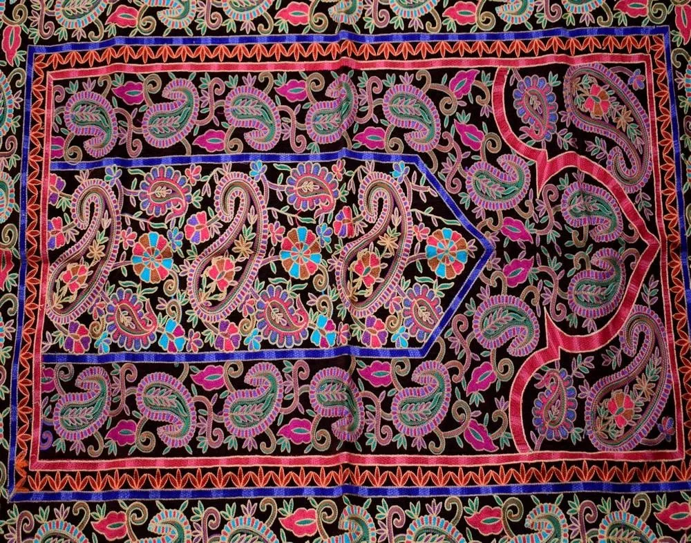 Black Colour With Multi Colour Thread Kashmiri Aari Work Prayer Rug