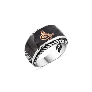 Black Enameled Ottoman Tughra Ovoid Silver Men's Ring with Braid Pattern