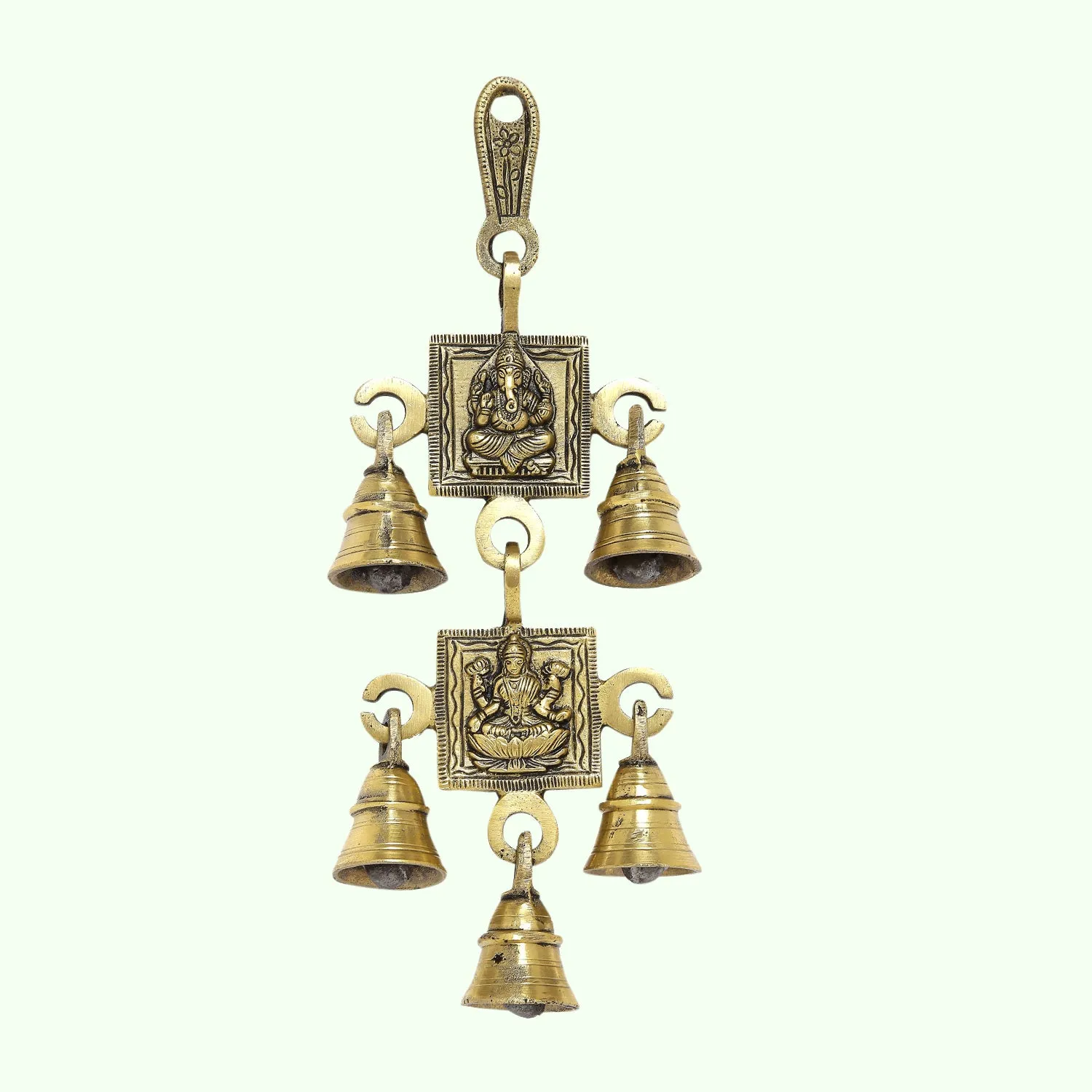 Brass Ganesha & Laxmi Temple Bell Wall Hanging with 5 Bells