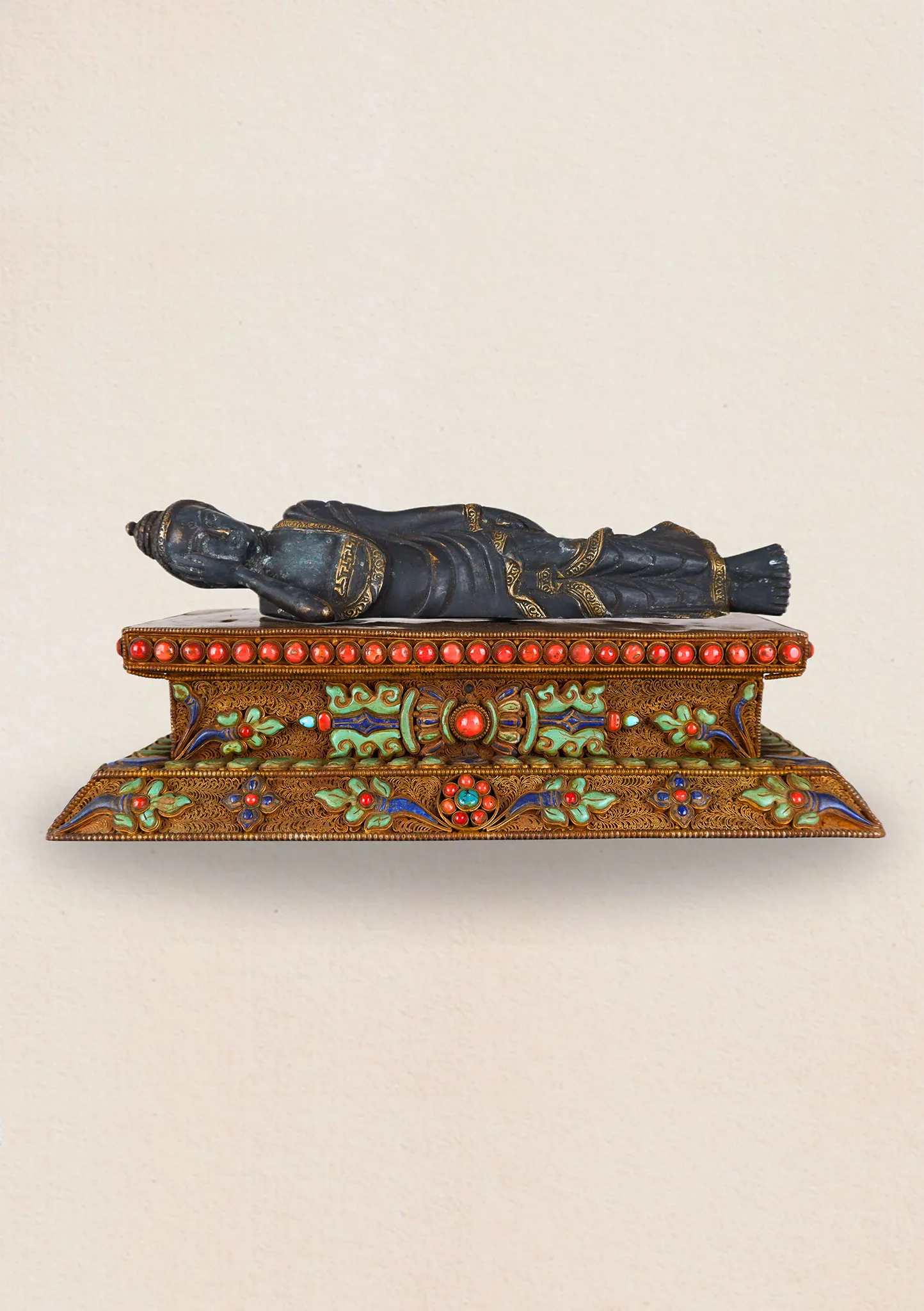 Bronze Nirvana Buddha Sculpture adorned with Gemstones