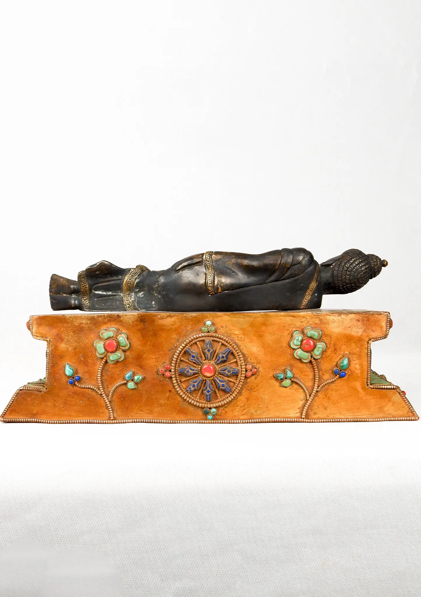 Bronze Nirvana Buddha Sculpture adorned with Gemstones