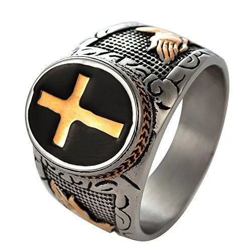 Christian Holy Cross Prayer Ring Stainless Steel Black Enamel Religious