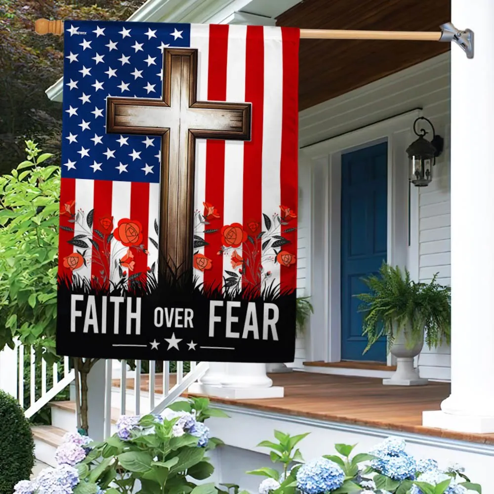 Christian Jesus Cross Faith Over Fear Flag - Religious House Flags