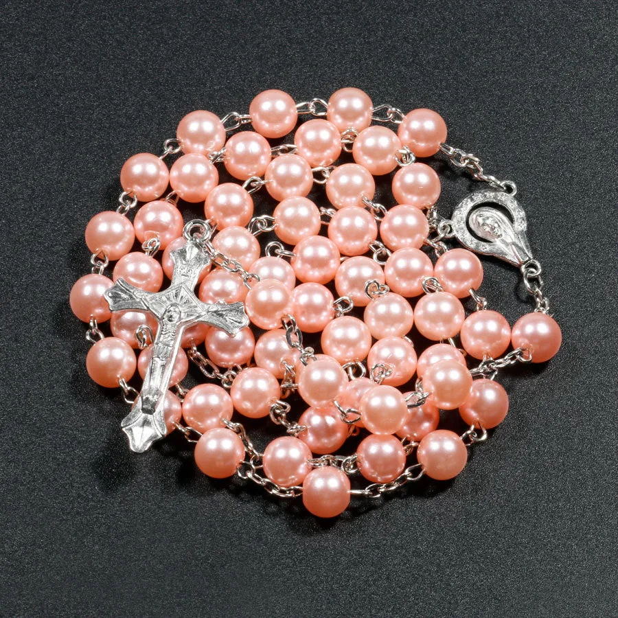 Christian Rosary Necklace - Colorful Faux Pearl Beads Jewelry