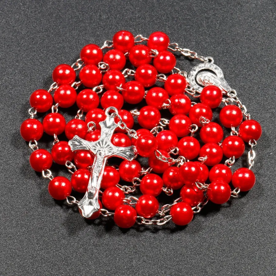 Christian Rosary Necklace - Colorful Faux Pearl Beads Jewelry