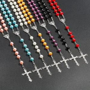 Christian Rosary Necklace - Colorful Faux Pearl Beads Jewelry