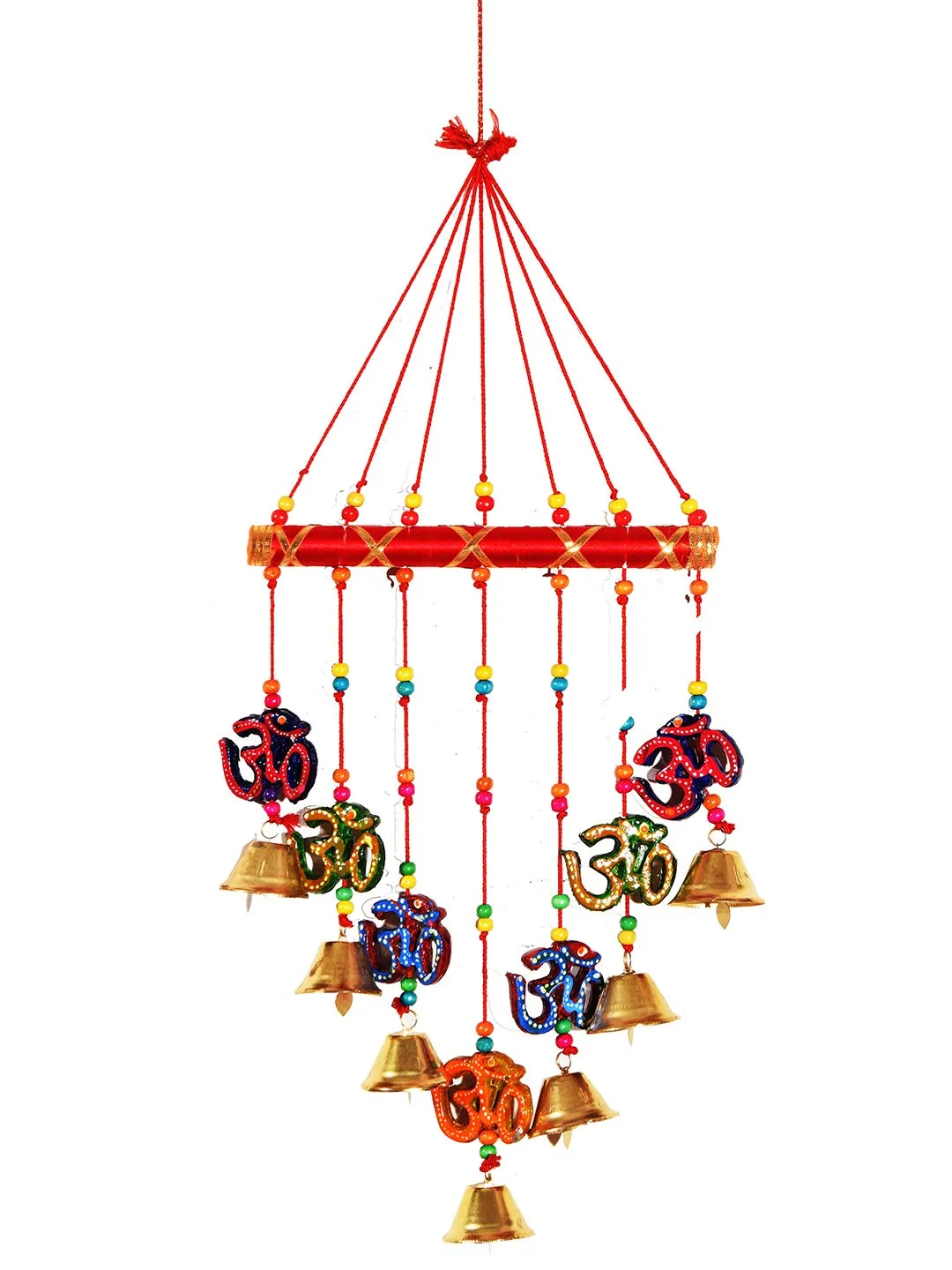 DreamKraft Handcrafted OM V Shape Door Hanging Wood Windchime (77CM, Multicolor)