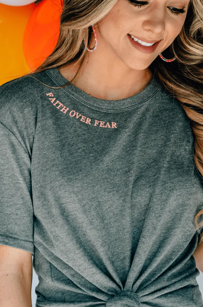 Faith Over Fear Solid Grey Tee with Pink Front and Back Print: Psalms 118:6