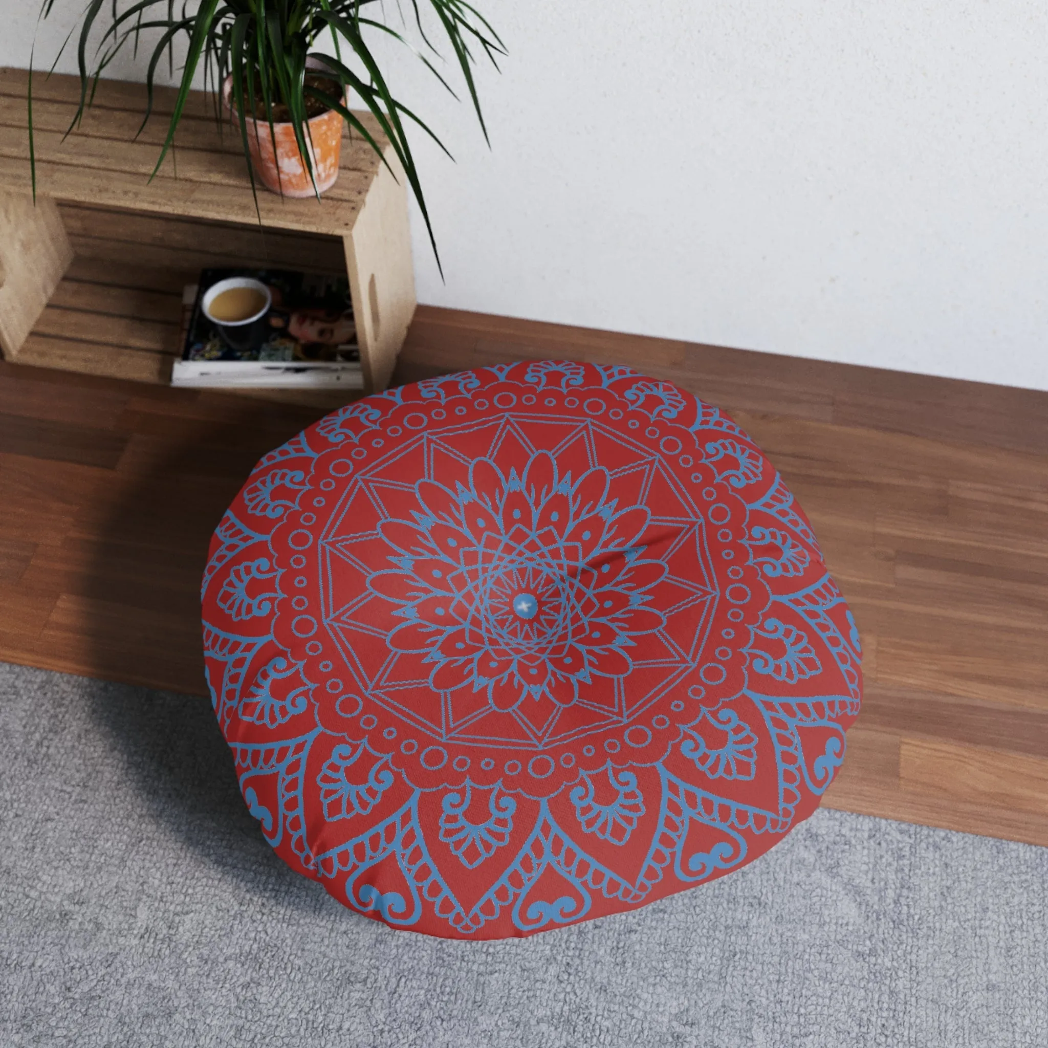 Handmade Mandala Art Steel Blue Floor Cushion - Round Tufted Pillow