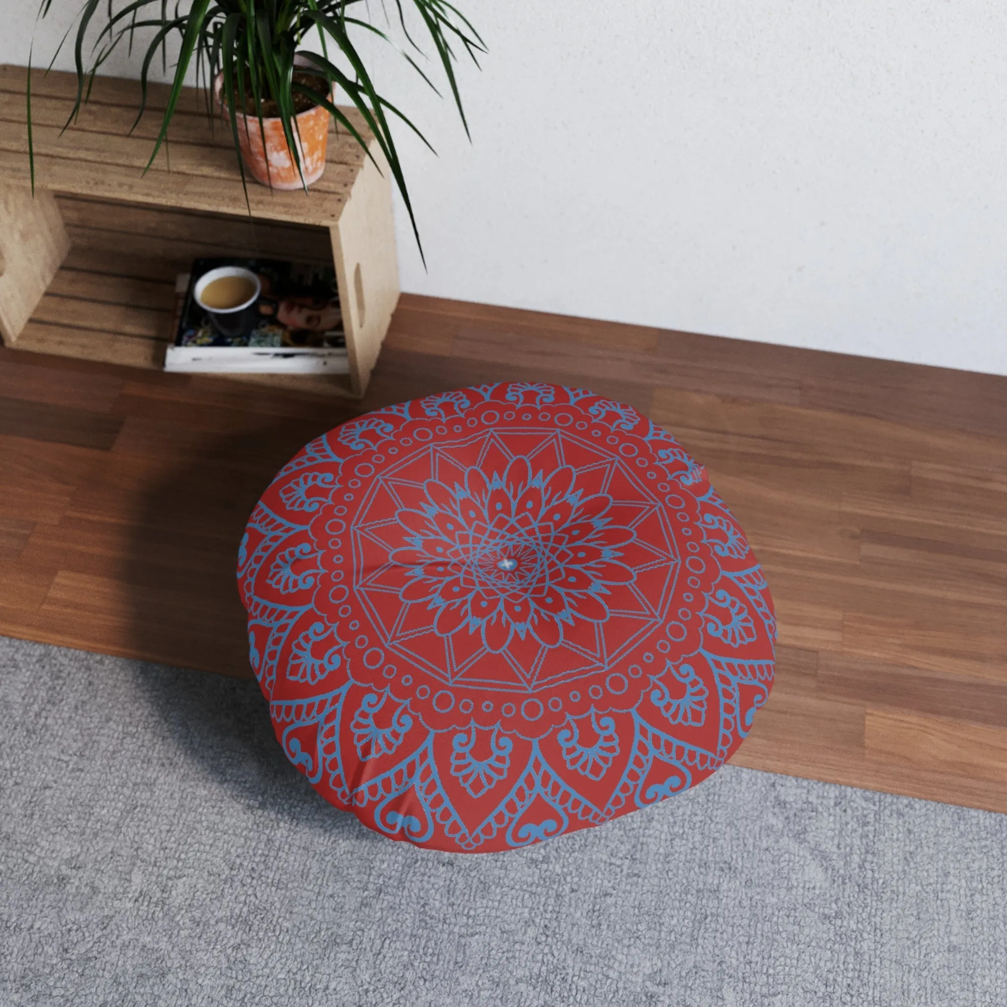 Handmade Mandala Art Steel Blue Floor Cushion - Round Tufted Pillow