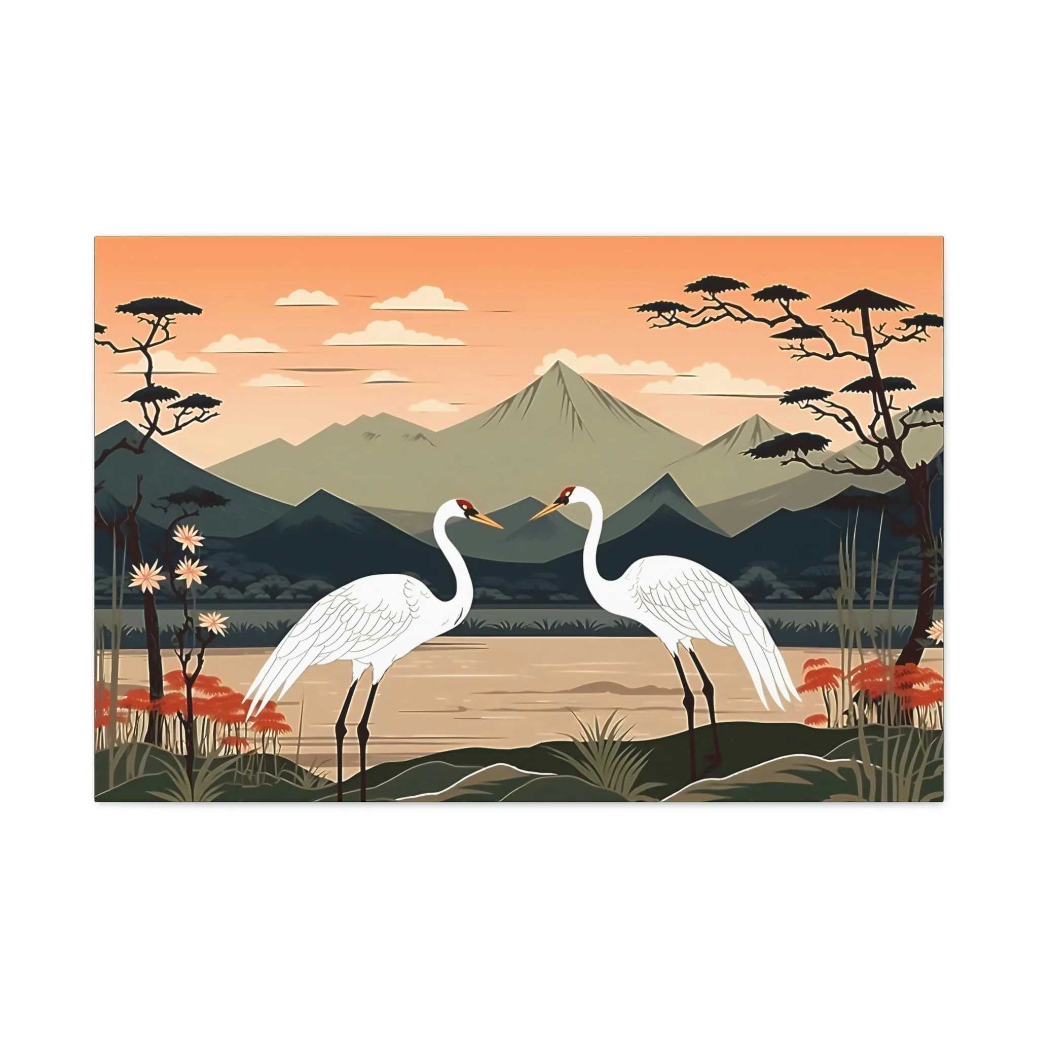 Japandi Ukiyo-e syle Whooping Cranes | Canvas Gallery Wraps