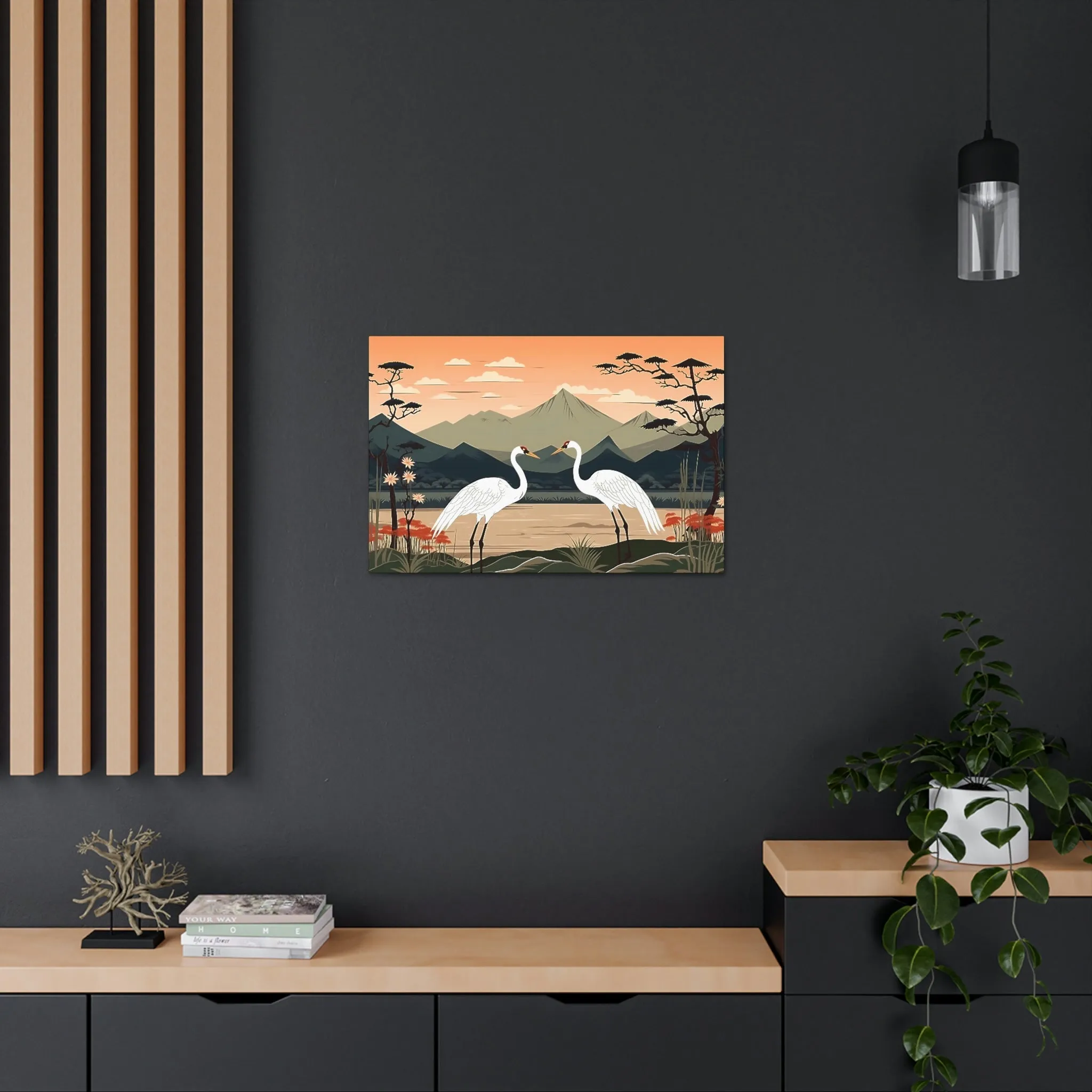 Japandi Ukiyo-e syle Whooping Cranes | Canvas Gallery Wraps