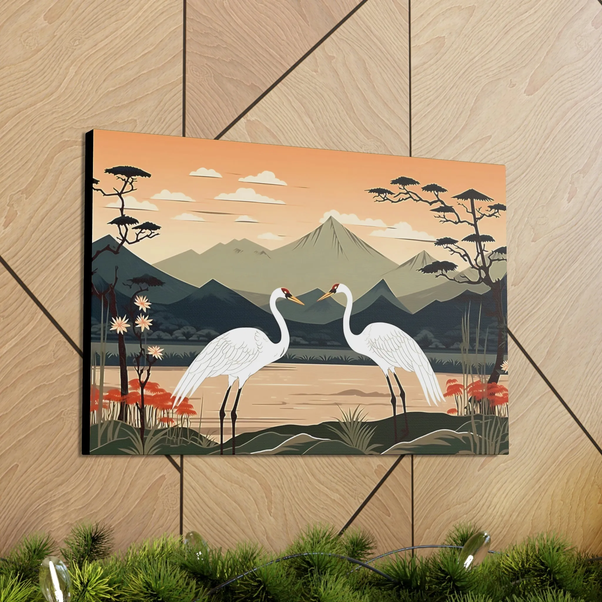 Japandi Ukiyo-e syle Whooping Cranes | Canvas Gallery Wraps