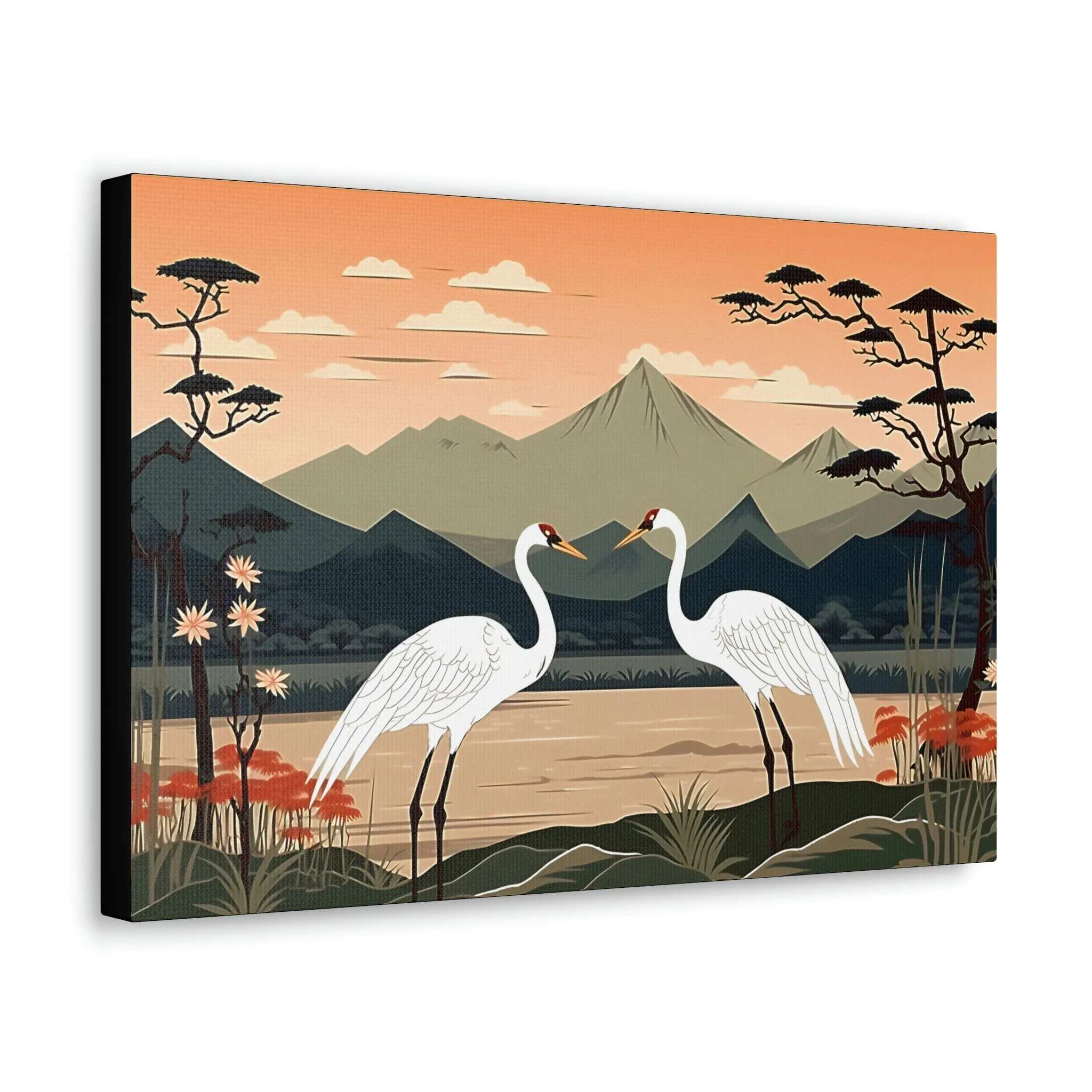 Japandi Ukiyo-e syle Whooping Cranes | Canvas Gallery Wraps