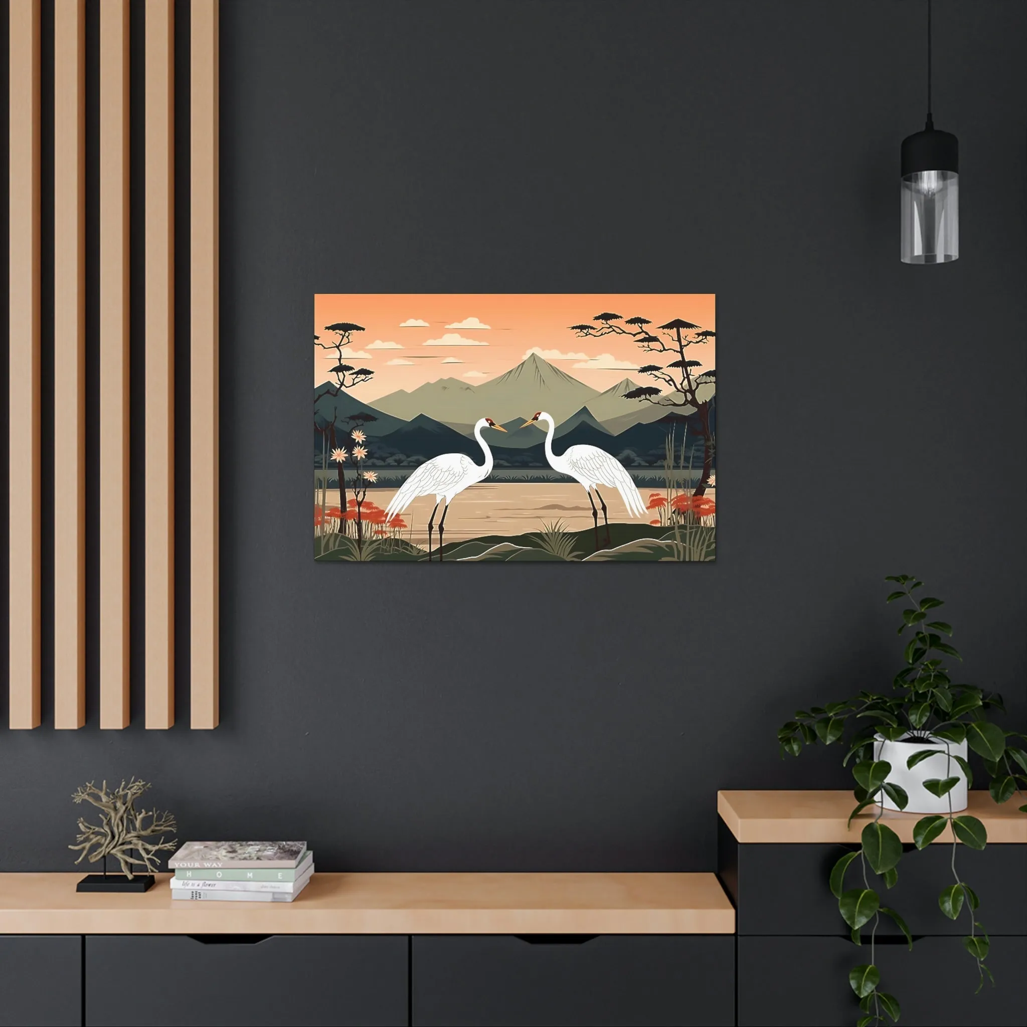 Japandi Ukiyo-e syle Whooping Cranes | Canvas Gallery Wraps