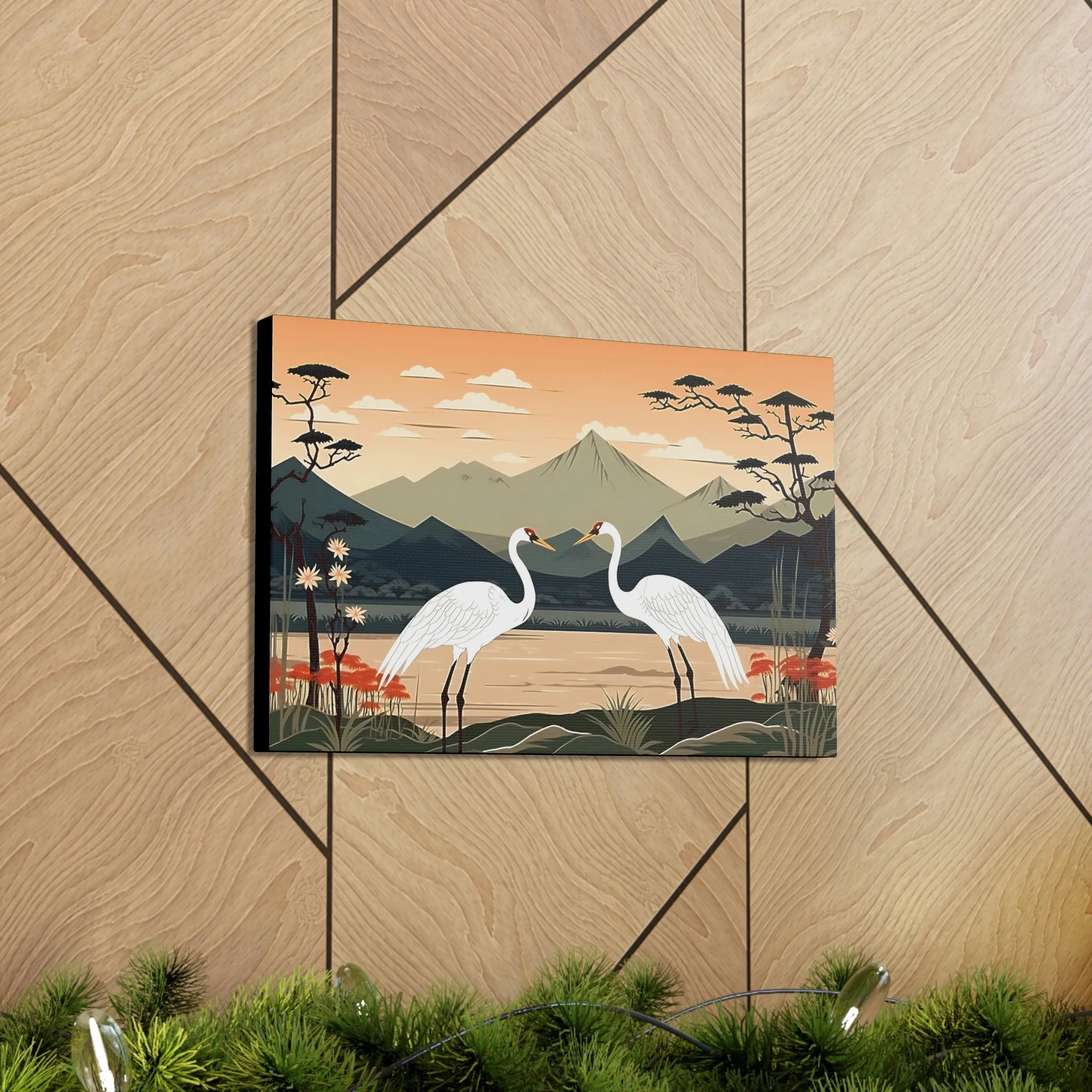 Japandi Ukiyo-e syle Whooping Cranes | Canvas Gallery Wraps