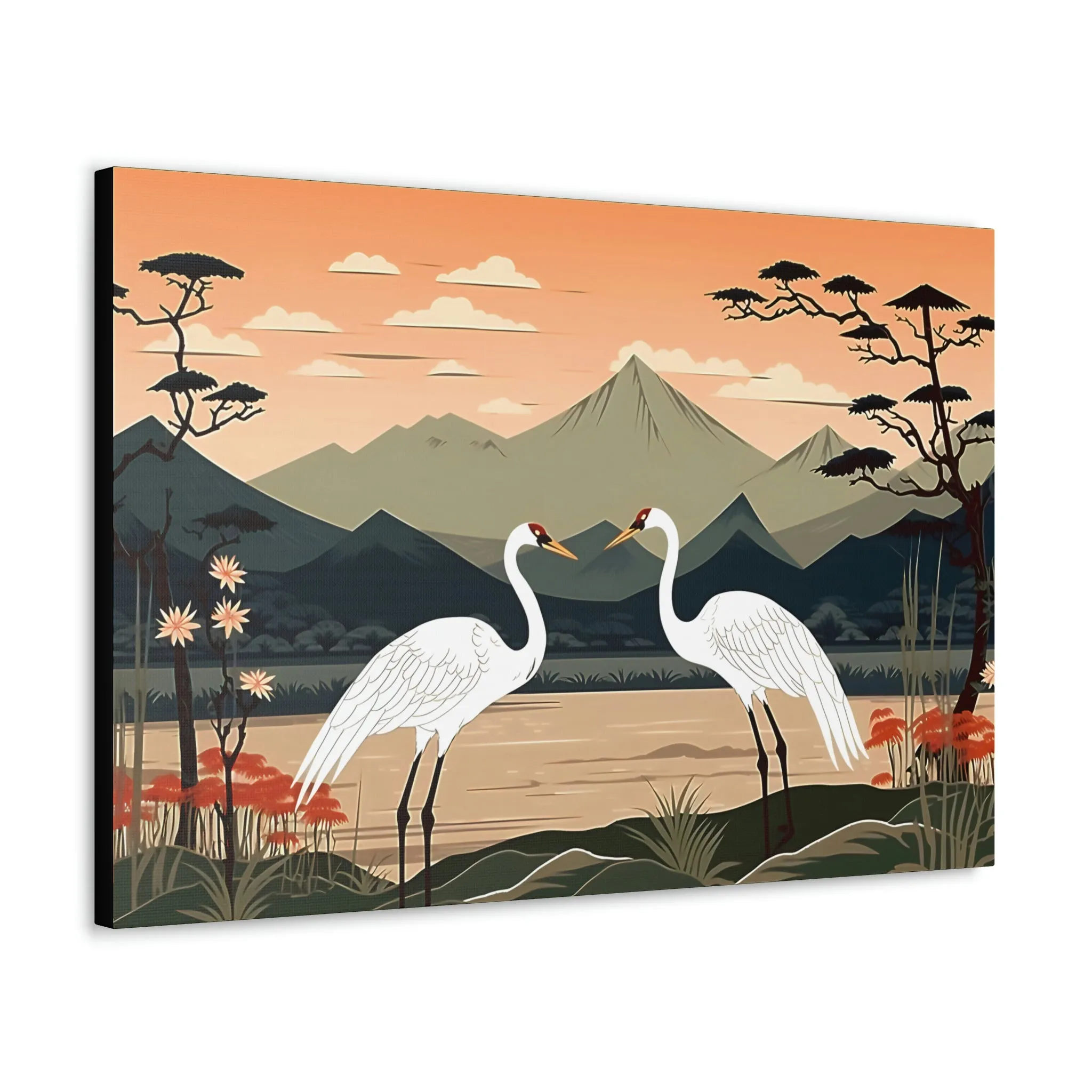 Japandi Ukiyo-e syle Whooping Cranes | Canvas Gallery Wraps