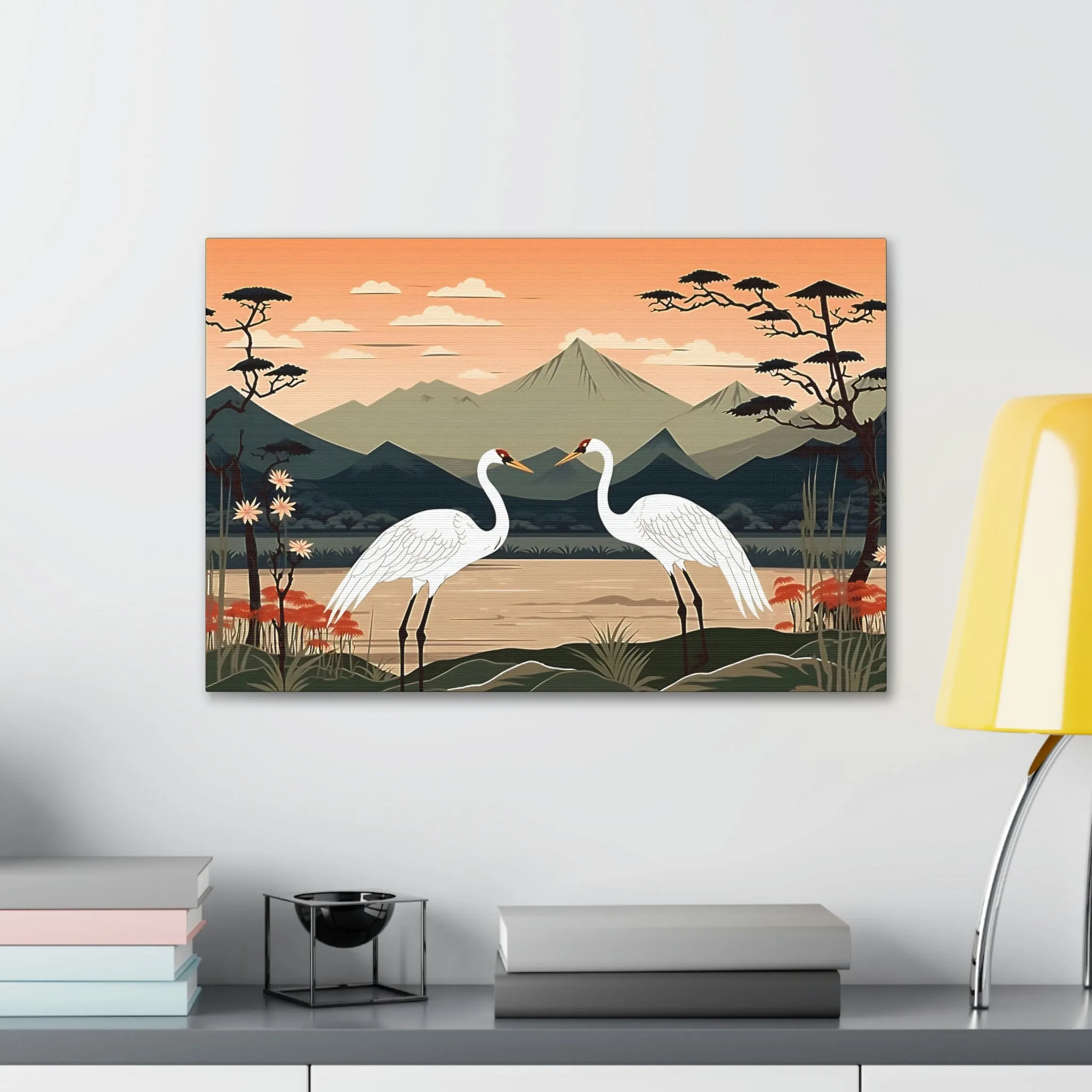 Japandi Ukiyo-e syle Whooping Cranes | Canvas Gallery Wraps