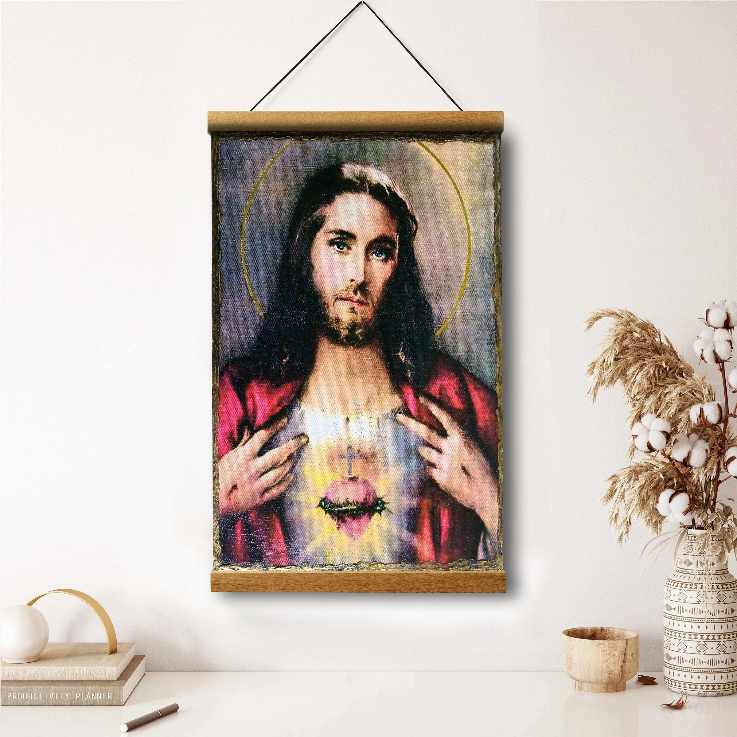 Jesus Sacred Heart Hanging Canvas Wall Art - Jesus Portrait Picture - Religious Gift - Christian Wall Art Decor