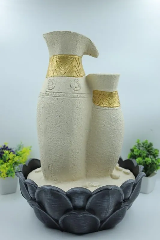 KRN Three Step Matki Tabletop Water Fountain for Home Decor | Patio Fountains | Indoor Waterfall Fountain | Tabletop Fountain - Decorative Gifting Item for Any Occasion - Polystone (Beige)