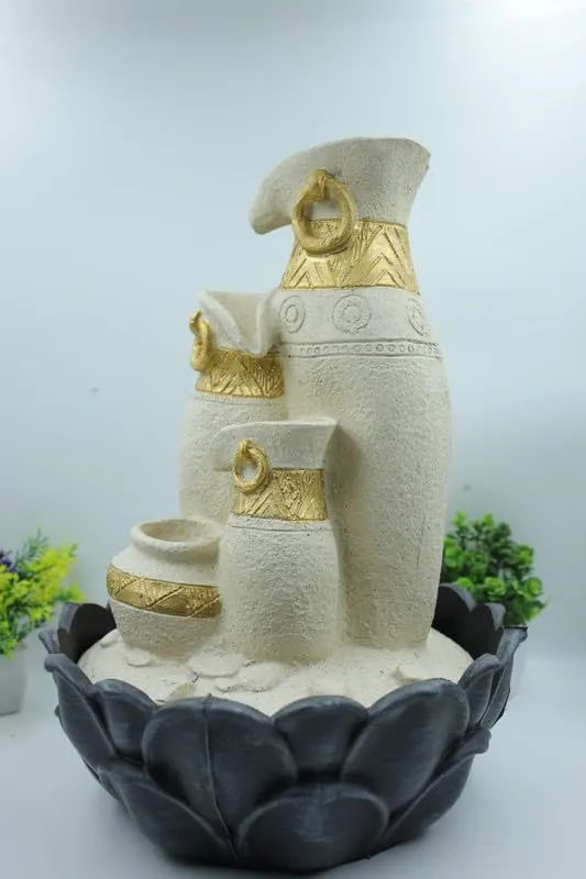 KRN Three Step Matki Tabletop Water Fountain for Home Decor | Patio Fountains | Indoor Waterfall Fountain | Tabletop Fountain - Decorative Gifting Item for Any Occasion - Polystone (Beige)