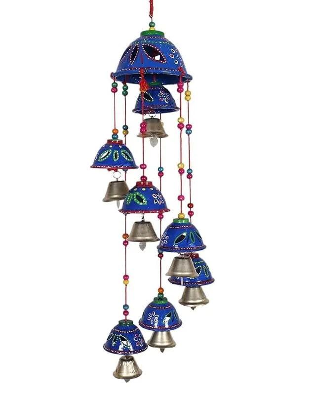 PANCHOLI UNIQUE Plastic Rajasthani Design Handcrafted Hanging Windchimes|Latkan with 8 Bells for Home Dcor & Positive Energy(Blue)