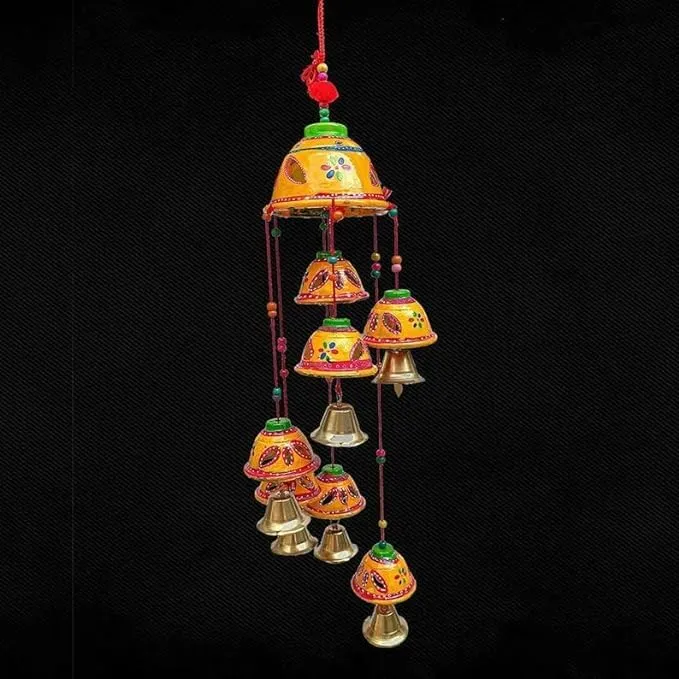 PANCHOLI UNIQUE Plastic Rajasthani Design Handcrafted Hanging Windchimes|Latkan with 8 Bells for Home Dcor & Positive Energy(Orange)