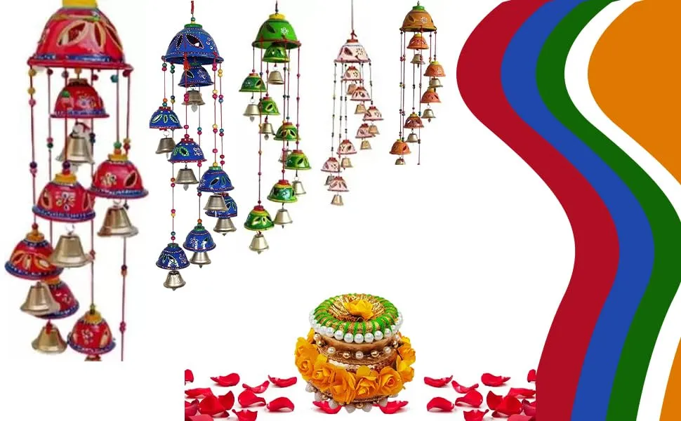 PANCHOLI UNIQUE Rajasthani Design Handcrafted Hanging Windchimes|Latkan with 8 Bells for Home Dcor & Positive Energy(red)