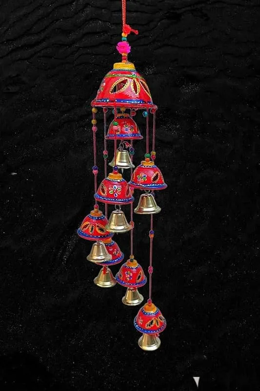 PANCHOLI UNIQUE Rajasthani Design Handcrafted Hanging Windchimes|Latkan with 8 Bells for Home Dcor & Positive Energy(red)