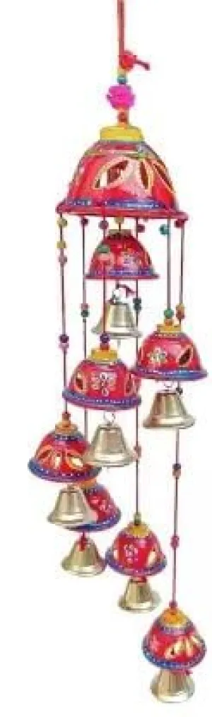 PANCHOLI UNIQUE Rajasthani Design Handcrafted Hanging Windchimes|Latkan with 8 Bells for Home Dcor & Positive Energy(red)