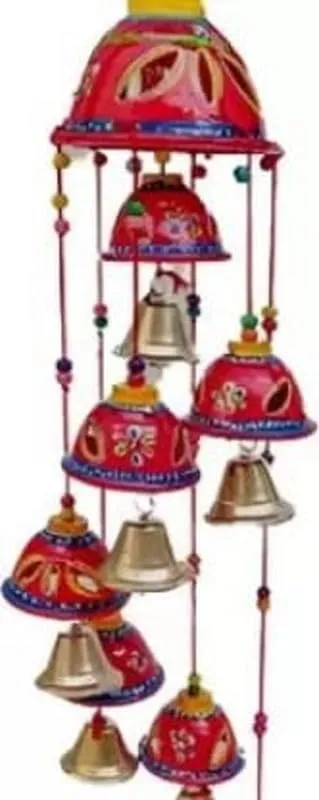 PANCHOLI UNIQUE Rajasthani Design Handcrafted Hanging Windchimes|Latkan with 8 Bells for Home Dcor & Positive Energy(red)