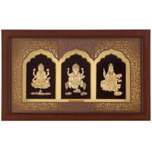 Pk & Pk Jewellers Laxmi Ganesh Saraswati | 24KT Gold Frame | Temple Collection | Medium Size [30x18.5 cm] (For Premium Gift, Temple, Table Decor, Home Decoration)