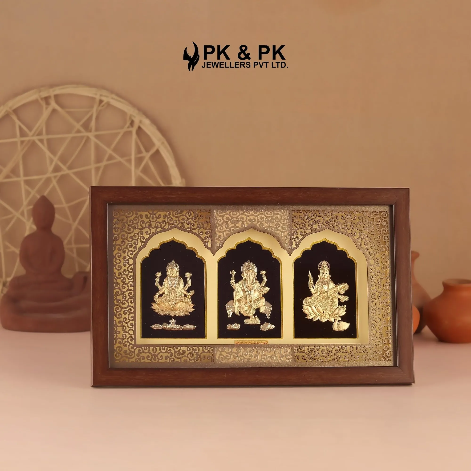 Pk & Pk Jewellers Laxmi Ganesh Saraswati | 24KT Gold Frame | Temple Collection | Medium Size [30x18.5 cm] (For Premium Gift, Temple, Table Decor, Home Decoration)