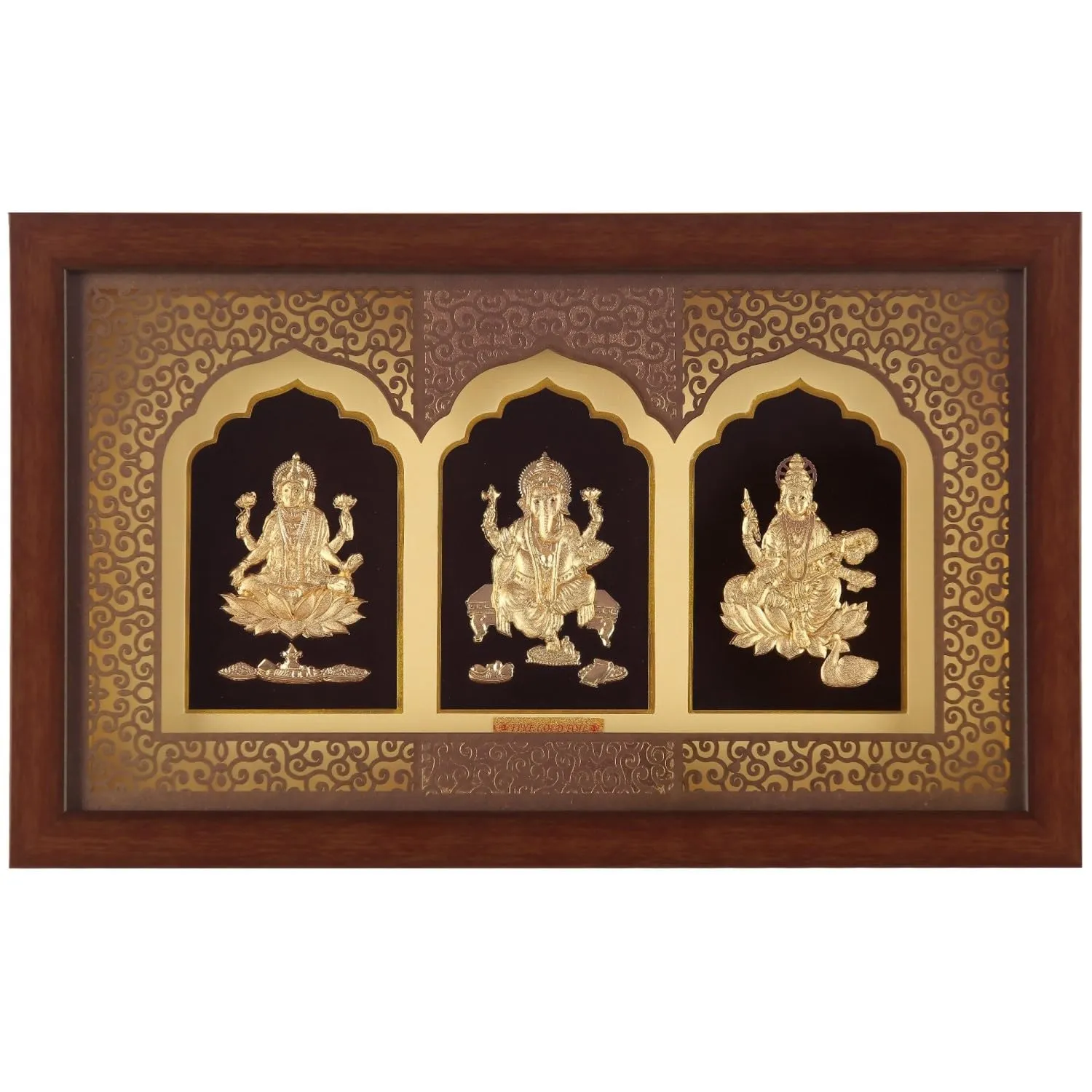 Pk & Pk Jewellers Laxmi Ganesh Saraswati | 24KT Gold Frame | Temple Collection | Medium Size [30x18.5 cm] (For Premium Gift, Temple, Table Decor, Home Decoration)