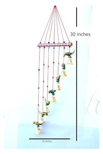 Rajasthani Handicraft Green Wood Wall Hanging 7 Parrots and Plastic Fiber Golden Bells Wind Chimes for Home Balcony Garden Positive Energy, Home Decor Hanging ||