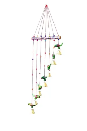 Rajasthani Handicraft Green Wood Wall Hanging 7 Parrots and Plastic Fiber Golden Bells Wind Chimes for Home Balcony Garden Positive Energy, Home Decor Hanging ||